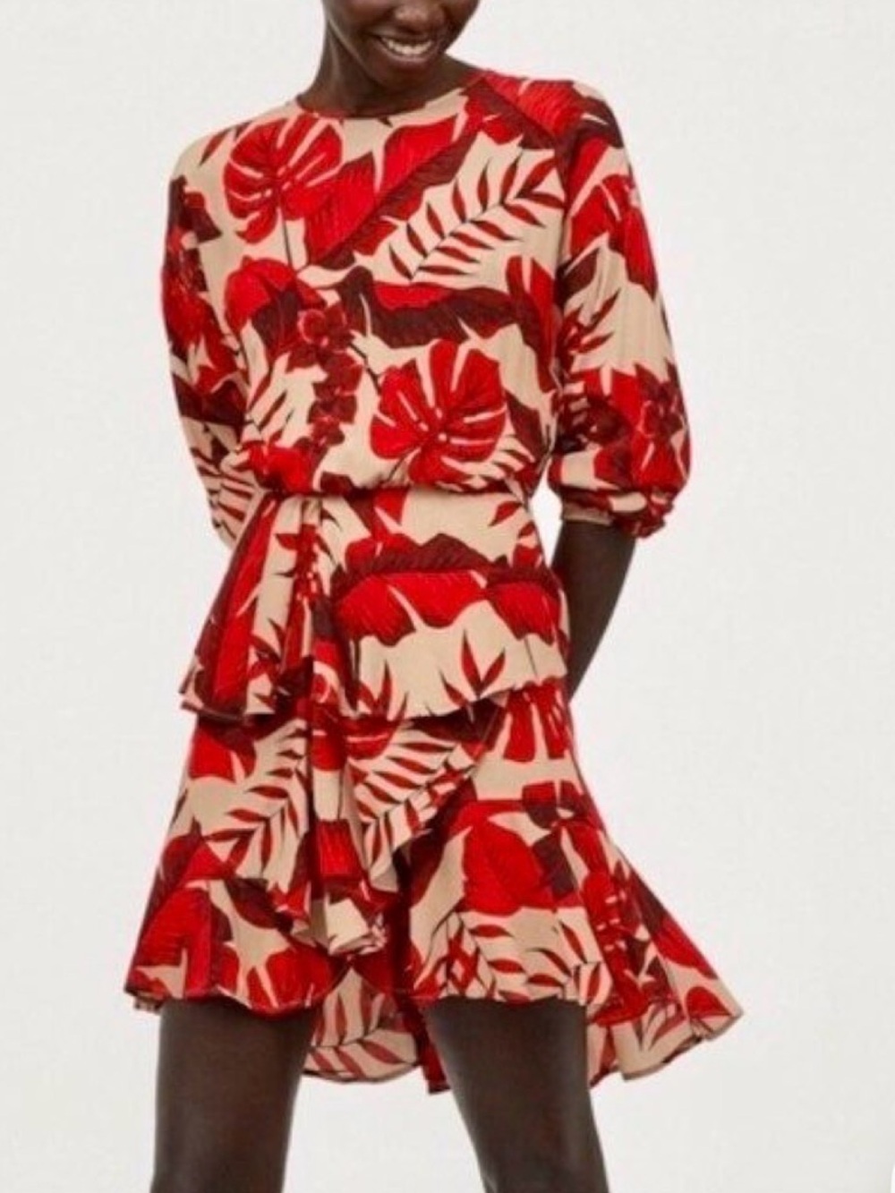 H&M Red and Cream Tropical Print Tiered Dress